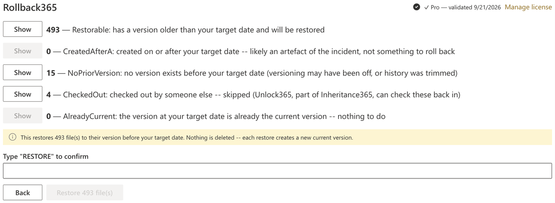 Rollback365 web part in SharePoint