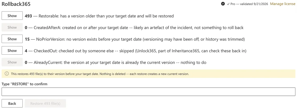 Rollback365 web part in SharePoint