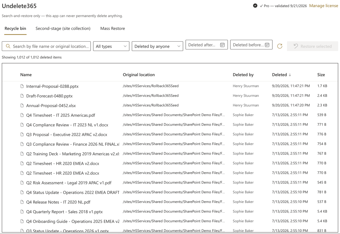 Undelete365 web part in SharePoint