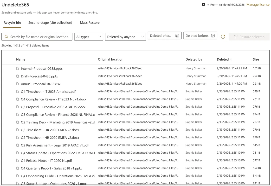 Undelete365 web part in SharePoint